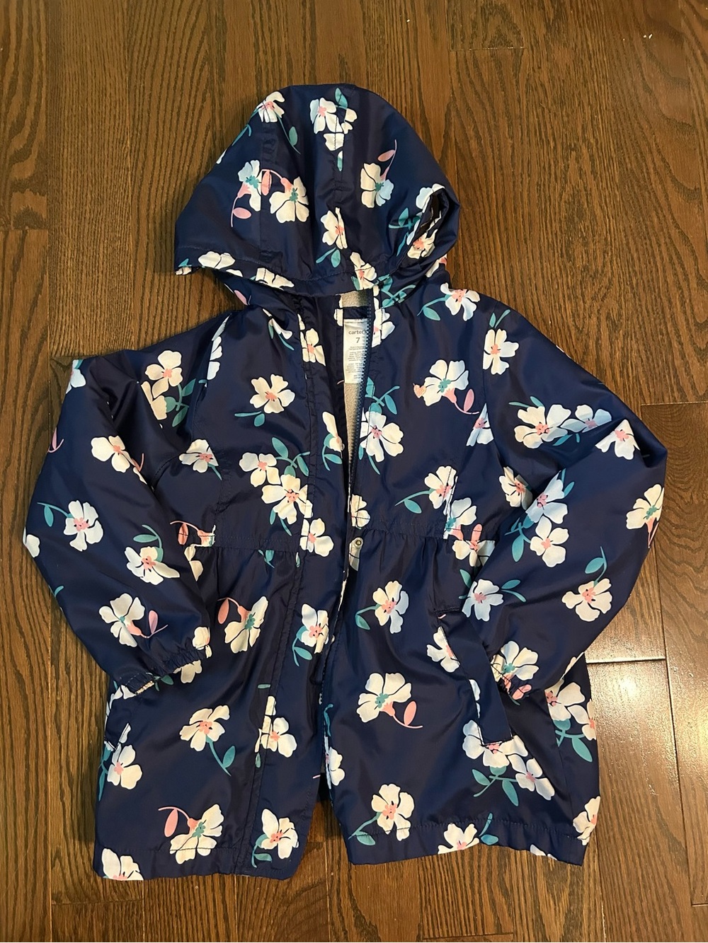 Girls' Navy Floral Hooded Rain Jacket size 7